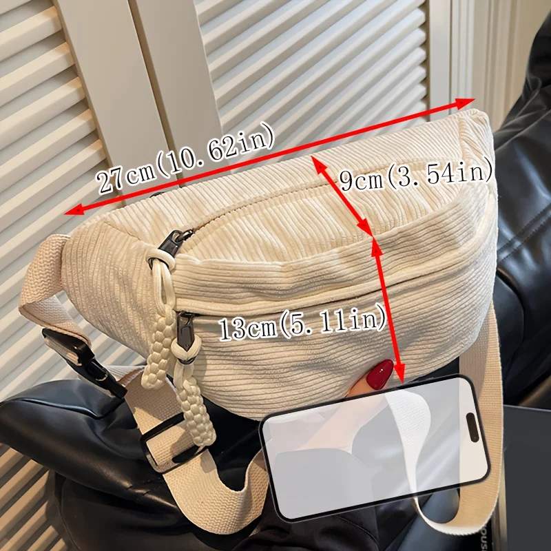 Sac de taille en velours côtelé vintage parfait pour femme, sac à bandoulière réglable avec plusieurs poches zippées pour un usage quotidien, les voyages et l'école