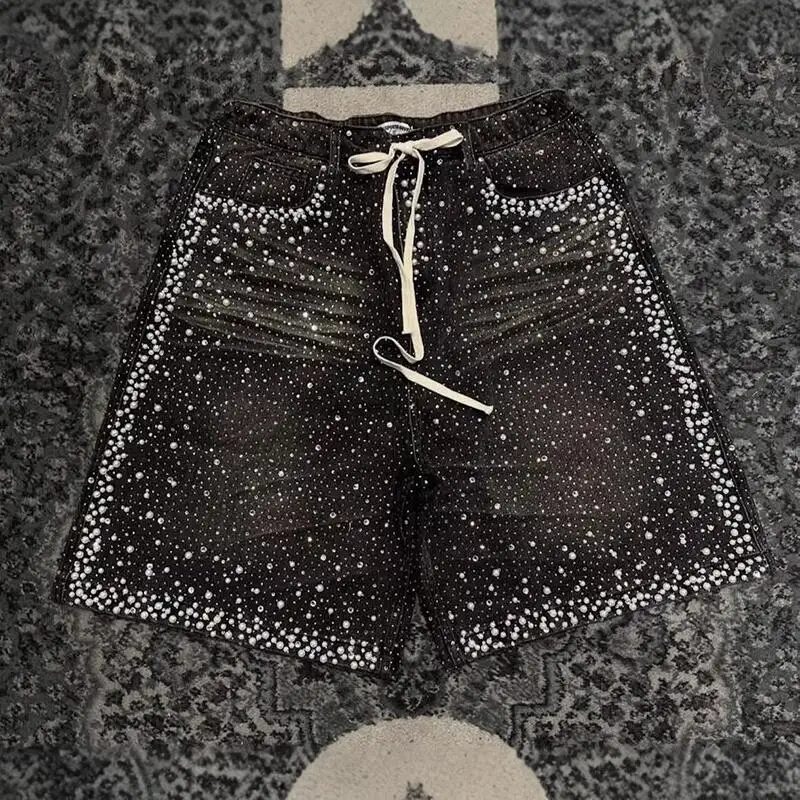 MWJLPWQ Rhinestone-Embellished Denim Heavy-Duty Shorts Male Distressed American Retro Loose Straight-Leg Knee-Length Pants 6675