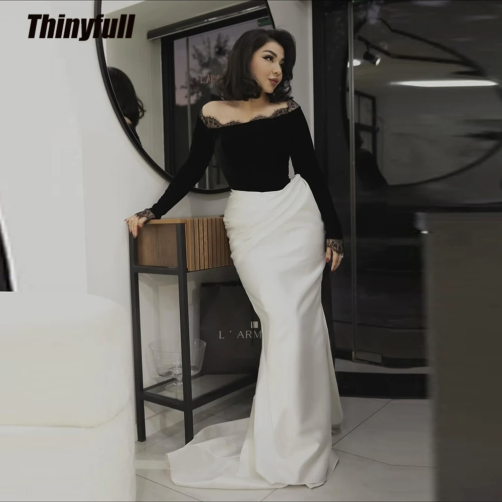 

Thinyfull Mermaid Velvet/Satin Arab Prom Dresses Off Shoulder Long Sleeves Evening Gown Formal Dress robes de soirée Customized