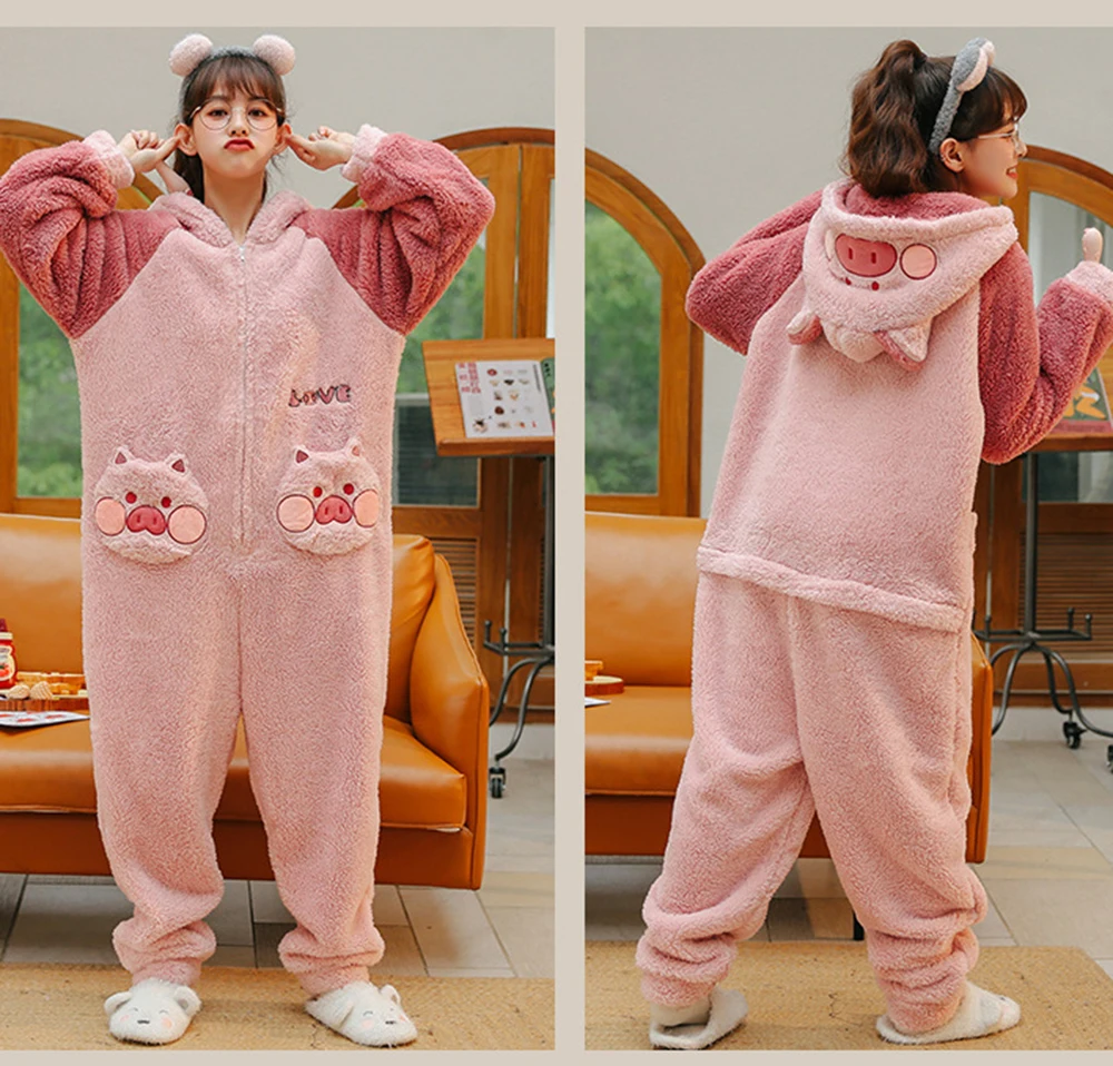 Pig Adult Onesie Animal Halloween Costume Plush Warm One Piece Cosplay Suit for Women Pink Cartoon Hooded Jumpsuit Pajamas Set