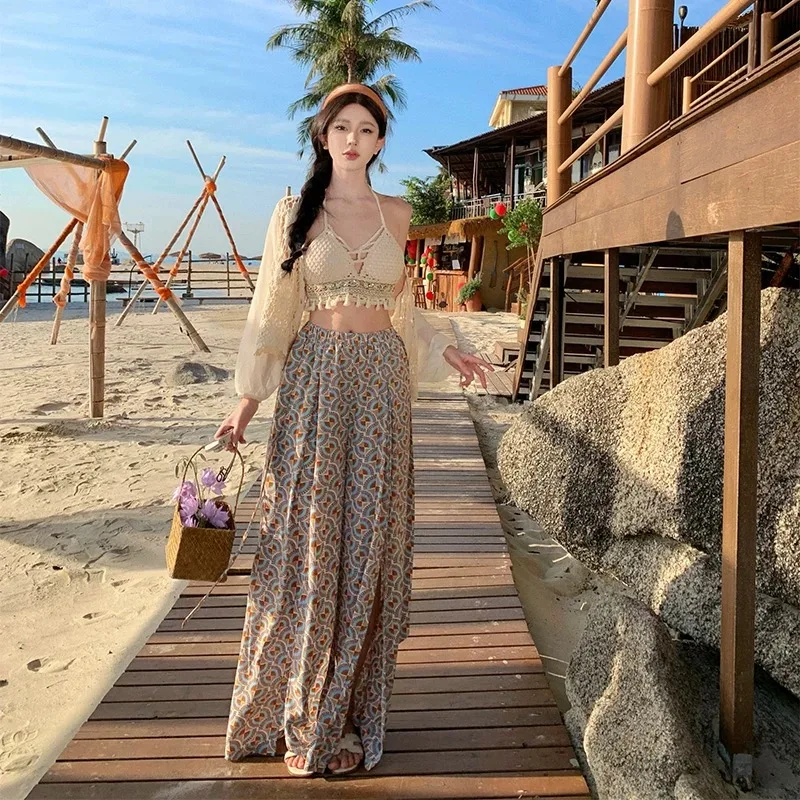 Women Bohemian Tropical Wide Leg Pants Lady Summer Beach Holiday Loose Print Trouser Female Travel Relax Cool Feeling  Pantaloni