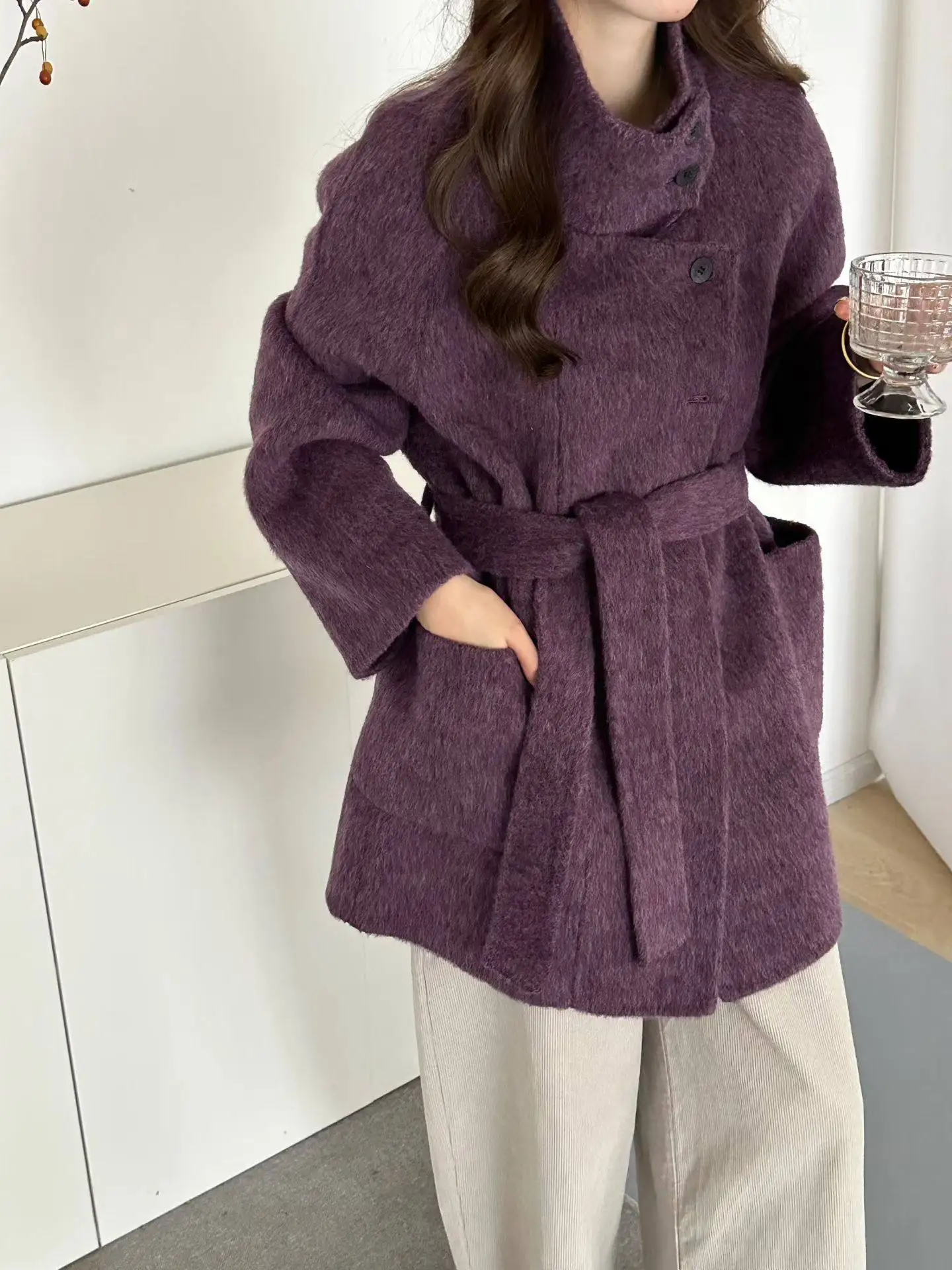 Autumn Winter Stand Collar Solid Double Sided Wool Overcoat Double Sided Fabric Coat Woman Single Breasted Lace Up Woolen Jacket