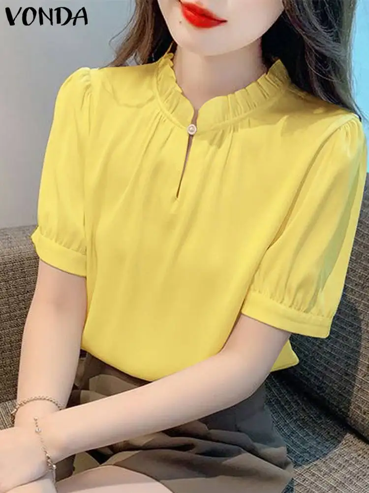 Women Summer Blouses 2024 Fashion Tops VONDA Short Puff Sleeve Stand Collar Ruffled Shirts Casual Loose Elegant Office Blusas