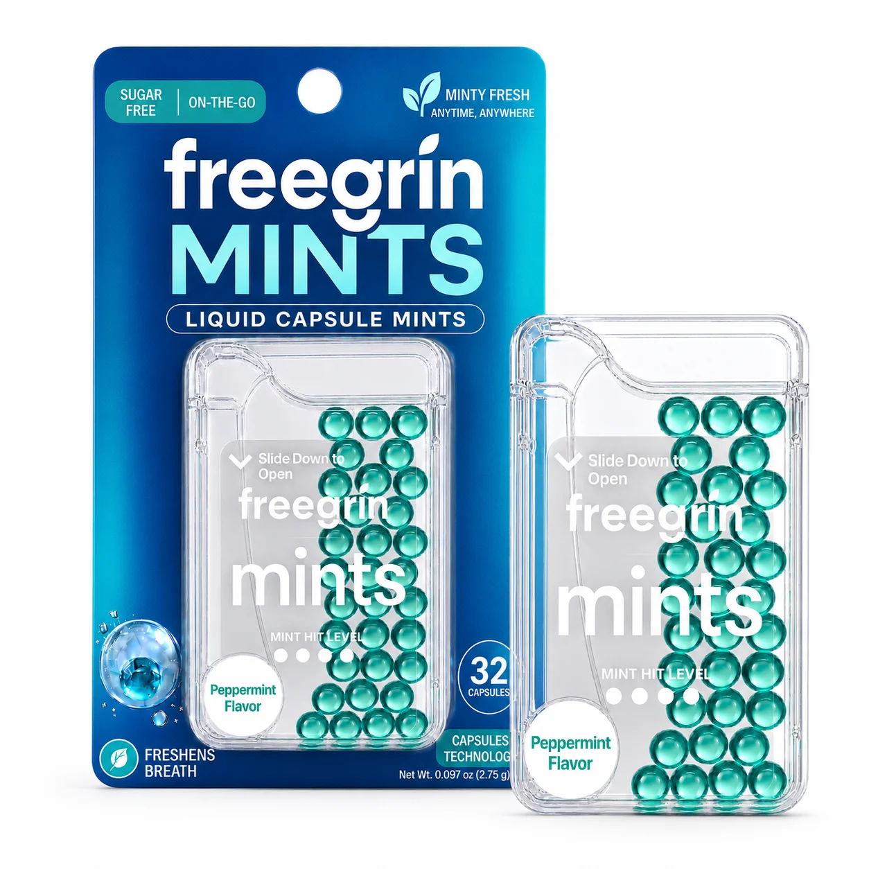 Freegrin Sugar-Free Peppermint Liquid Capsule Mints, 32 Ct Portable Breath Freshener Bursting Balls for Dating & Travel