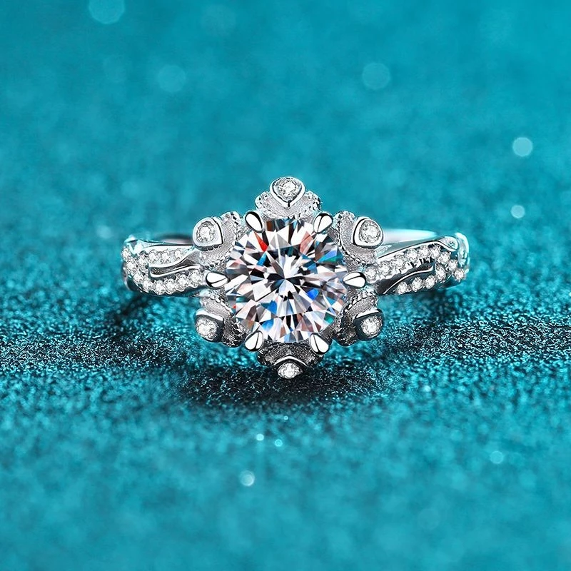 Moissanite Ring  S925 Sterling Silver 1ct Moissanite Korean Style Floral Design Band for Women