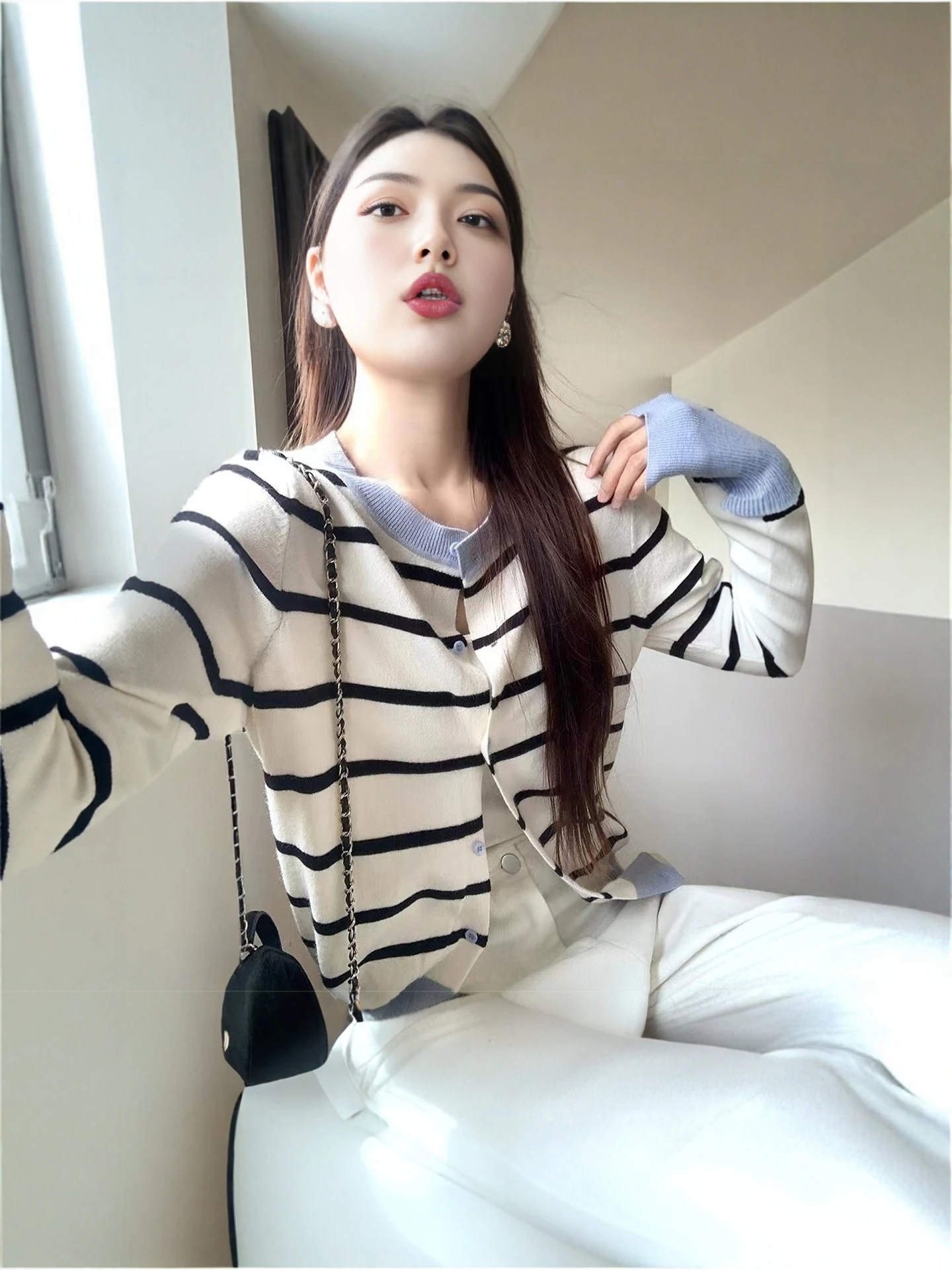 Korean Style Striped Color Block round Neck Knitted Open Cardigan Women's Top Versatile Ageless Autumn 2026 Fashion Trend