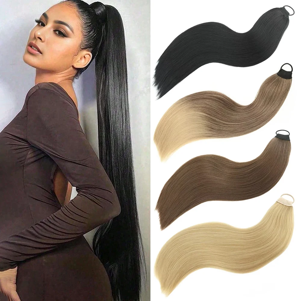 

24-дюймовые синтетические длинные прямые волосы с резинкой, хвостик, черный, коричневый, термостойкий хвост, наращивание волос для женщин