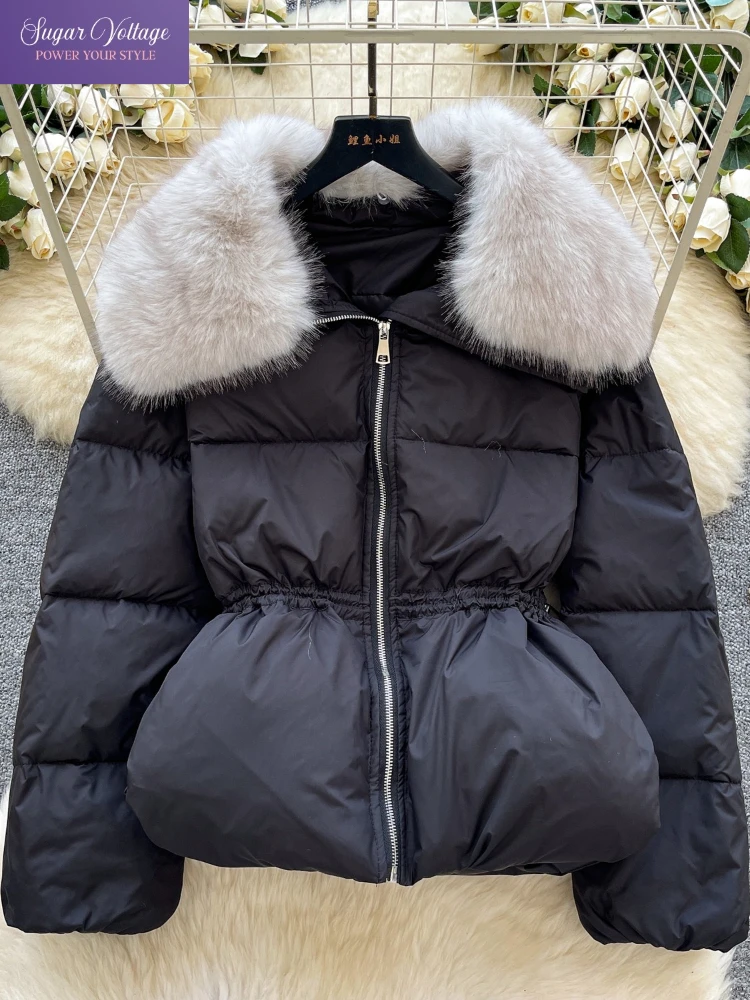 

Fashion Elegant Winter Faux-Fur Collar Puffer Jacket Women Loose Fit Warm Drawstring Waist Thick Short Coats Chic Cozy Outerwear