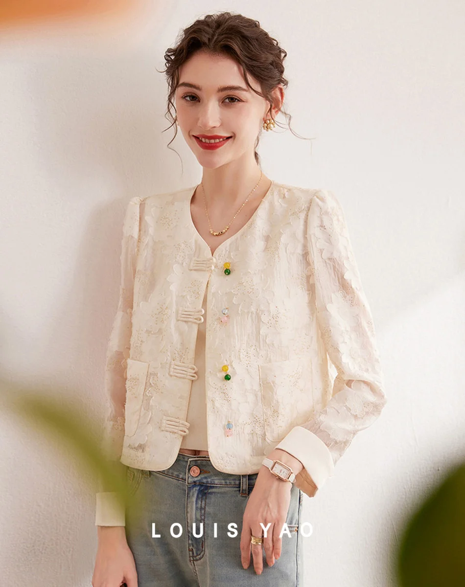 LOUIS YAO 2024 Autumn V-neck Button Decoration Long Sleeve Non-elastic Women's Jacket Elegant Jacquard Sequin Cardigan