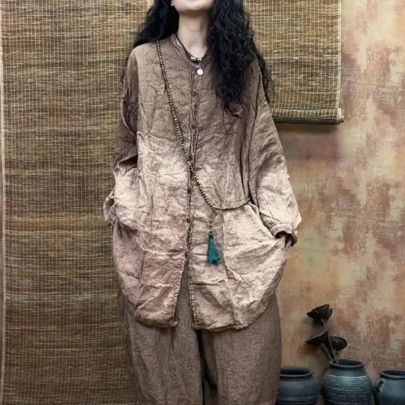 الربيع الصيف الفنون نمط المرأة واحدة الصدر فضفاضة منتصف طول بلوزة خمر التعادل صبغ الكتان س الرقبة قمصان غير رسمية نوعية جيدة #3