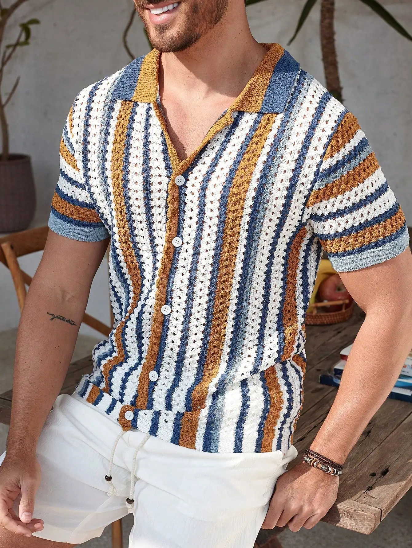 Men's Striped Crochet Knit Short Sleeve Button-Front Shirt, Summer Resort Wear