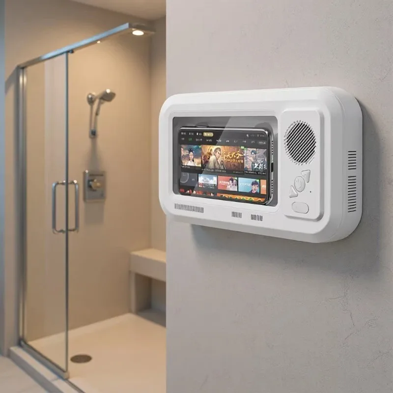 Waterproof Shower Phone Holder with Bluetooth Speaker, Touchable Wall Mount Phone Case for Bathroom Bath Watching