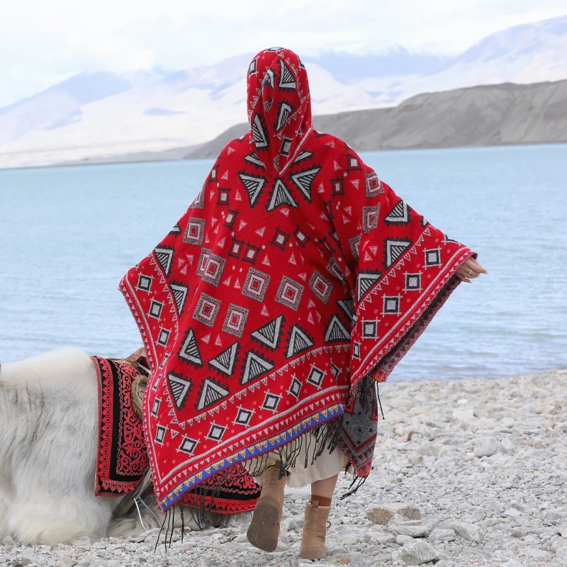 

Красный этнический капюшон с капюшоном, дорожный капюшон Ne Wrap, многофункциональная теплая фотография, подходящая для осенне-зимних путешествий