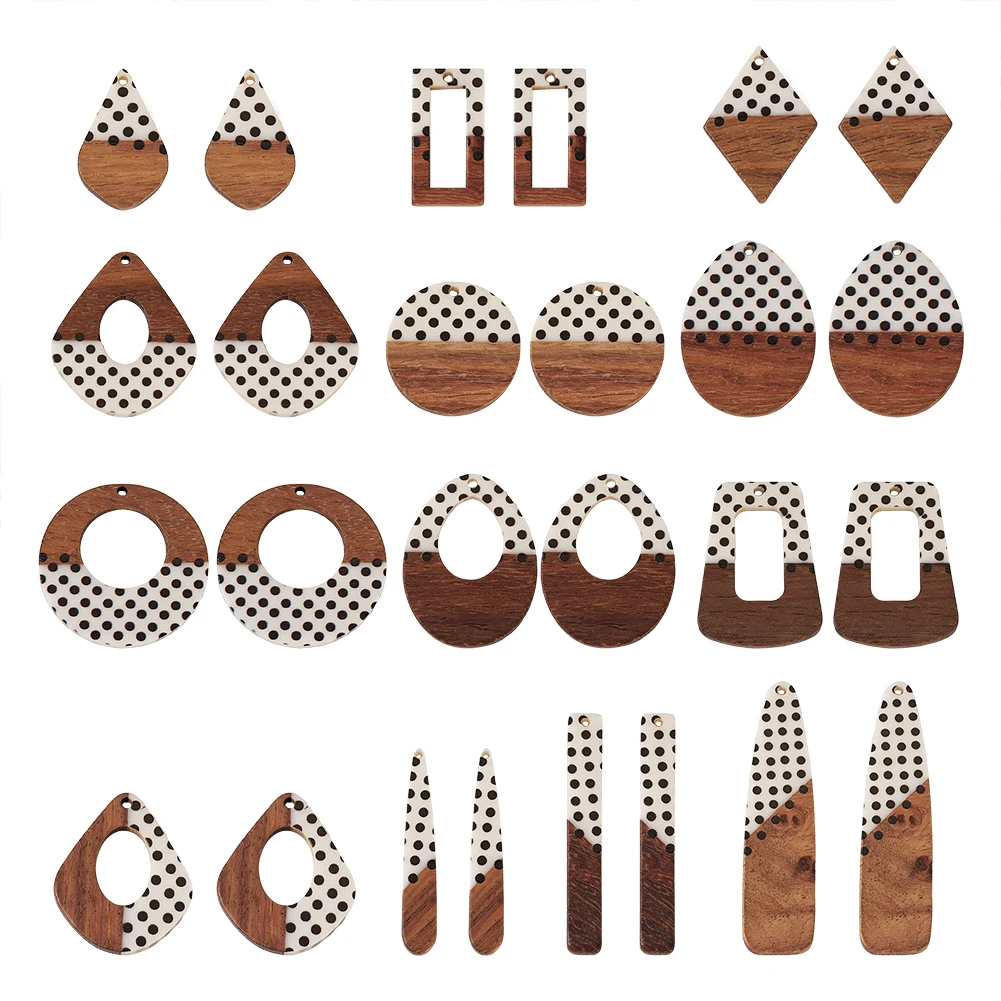 20pcs Printed Resin & Walnut Wood Pendants Charm with Polka Dot Pattern for Jewelry Making DIY Handmade Earring Craft Supplies