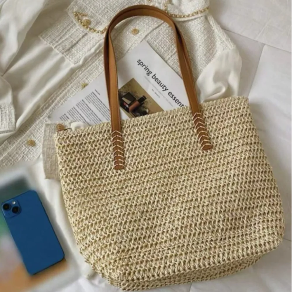 Summer Woven Shoulder Bag Women Beach Shoulder Bag Female Straw Knitted Handmade Large Capacity Handbag Purse Travel Tote Bags