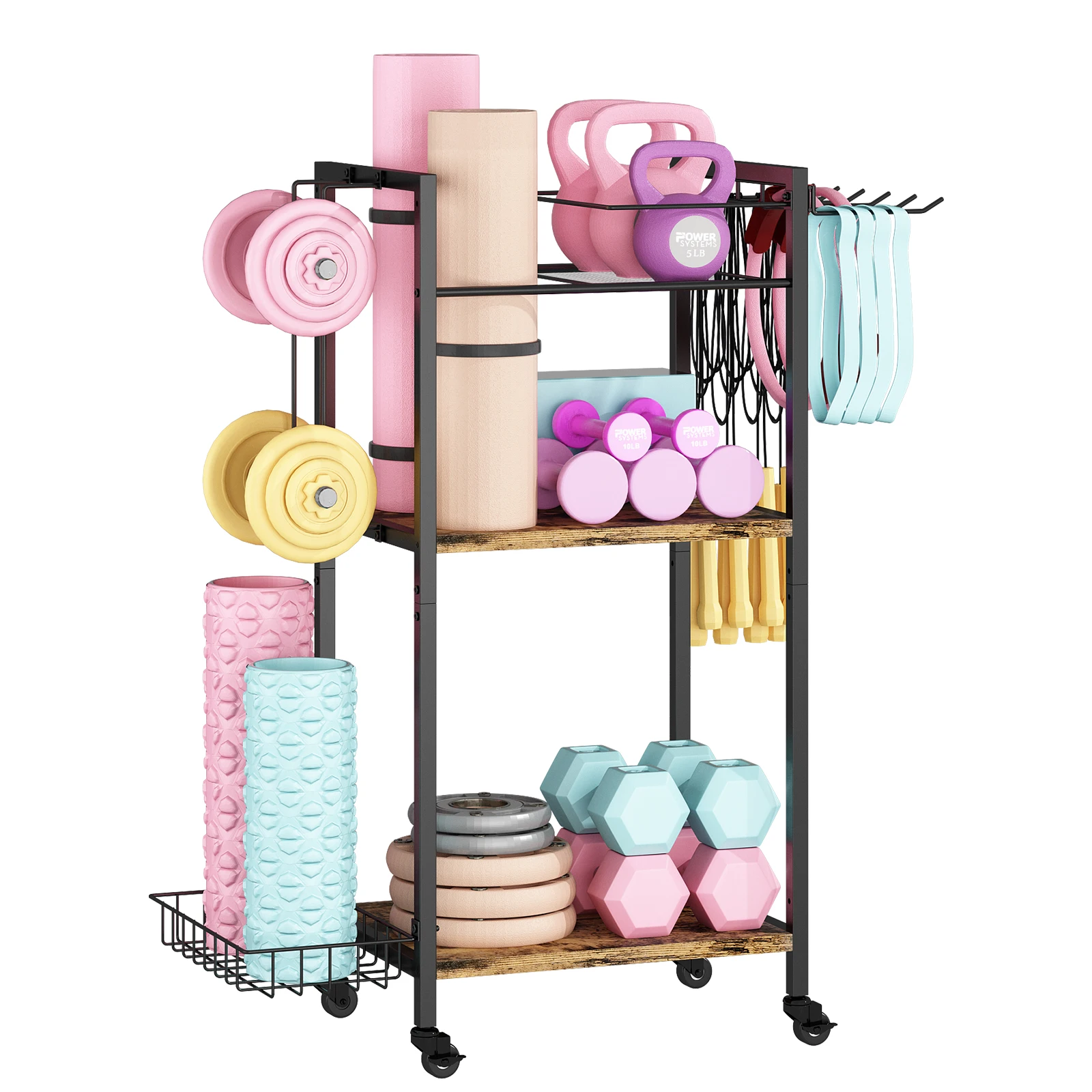 Yoga Mat Storage Rack, Gym Workout Equipment Storage Rack With Wheels and Hooks, Home Gym Equipment Storage Rack, Dumbbell Rack