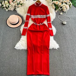 Elegant Long Sleeve Vintage Half High Collar Chic Rhinestone Slim Pencil Long Dresses Evening High Street Autumn Winter Clothing