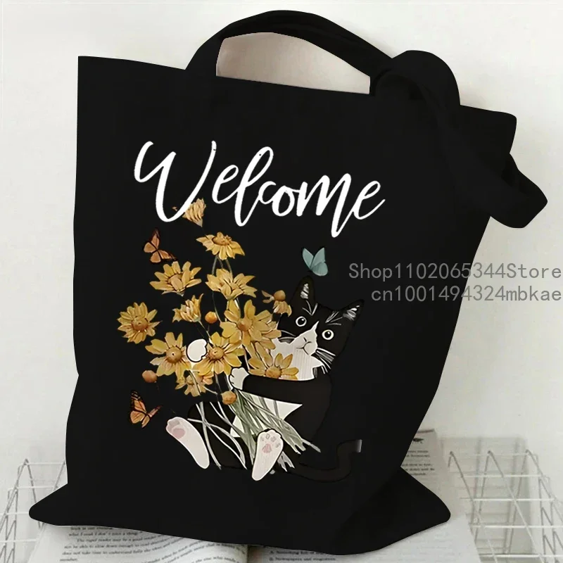 1 Pc Japanese Style Black Cats Pattern Tote Bag Women Men Cartoon Canvas Shoulder Bag for Travel Daily Reusable Commute Bags