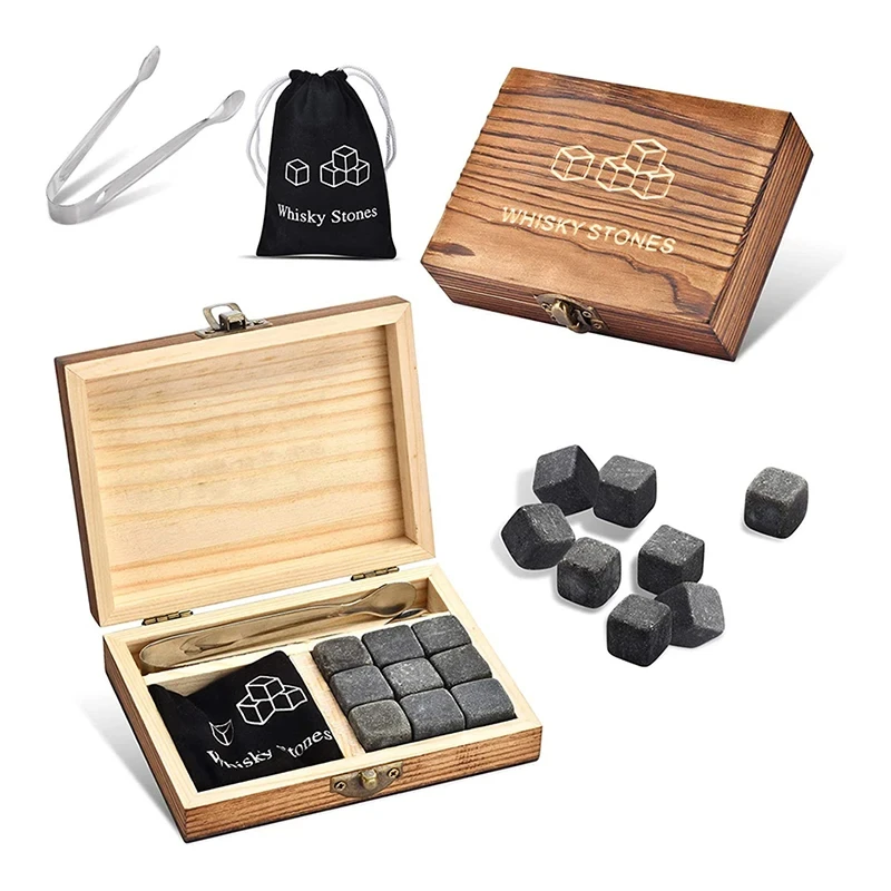 Juego de regalo de piedras para whisky, 9 piezas, piedras de granito natural para enfriar whisky con caja de madera, pinzas, bolsa de terciopelo, regalo para cócteles y bar