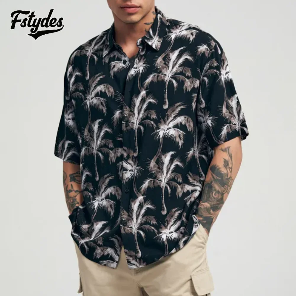 

Fstydes Hawaiian Shirt Men Summer Casual Loose Top Man Palm Tree pattern Fashion Beach Clothing Male