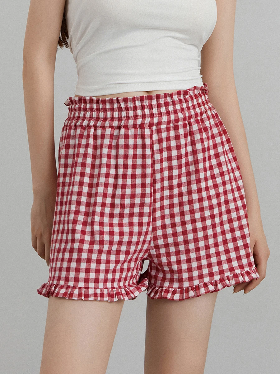 Y2K Plaid Shorts for Women Ruffle Hem High Waist Gingham Shorts Lounge Pajama Boxer Shorts Pj Bottom Going Out Shorts