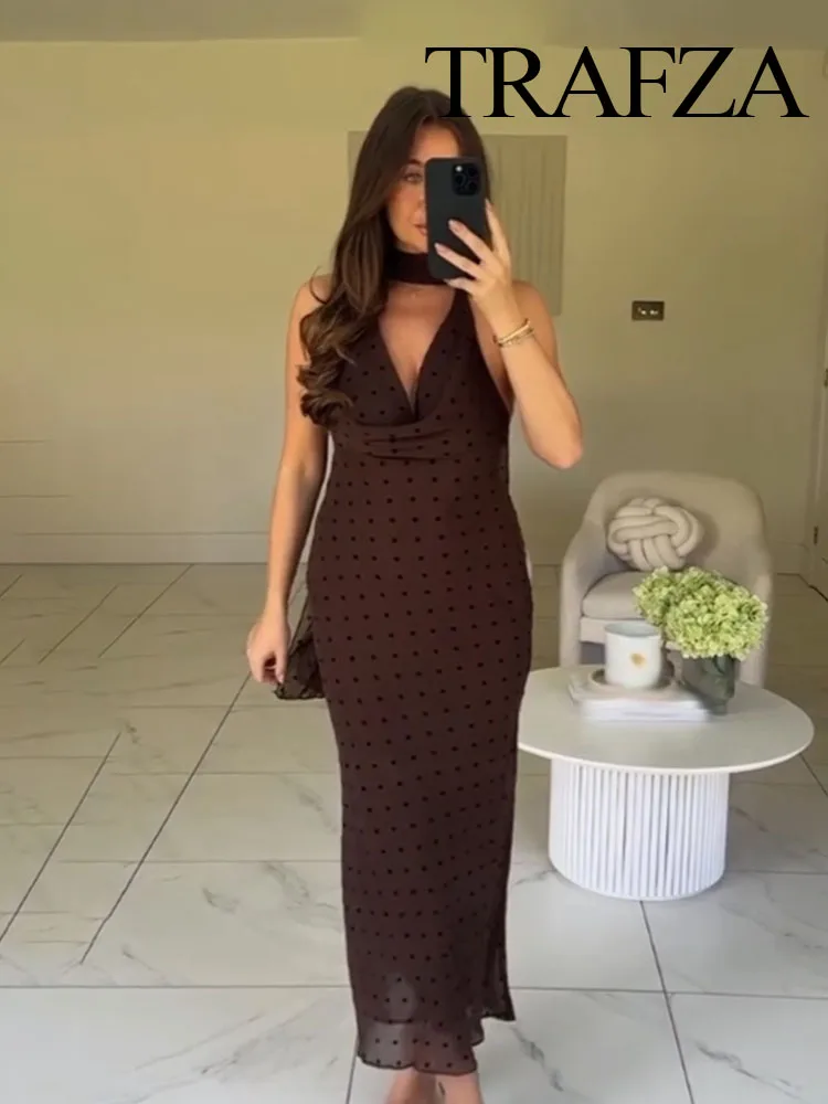 

HH Female Fashion Solid Dots Scarf Collar Zipper Sleeveless Dress Women's Elegant Slim Sexy Backless Party Style Long Dress