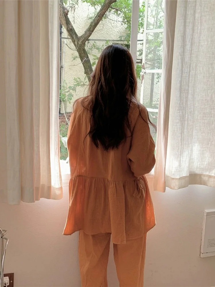 Ropa de Dormir de Aodón Puro para Mujer, Otoño Invierno, Nueva, Informal, Simple, Dulce, a la Moda, Conjunto de Ropa de Cas...