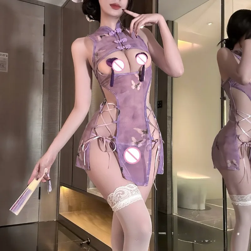 M-3XL Large Size Lingerie Cheongsam Women Antique Erotic Hollow Breast Babydoll Chinese Qipao Uniform Sheer Split Backless Dress