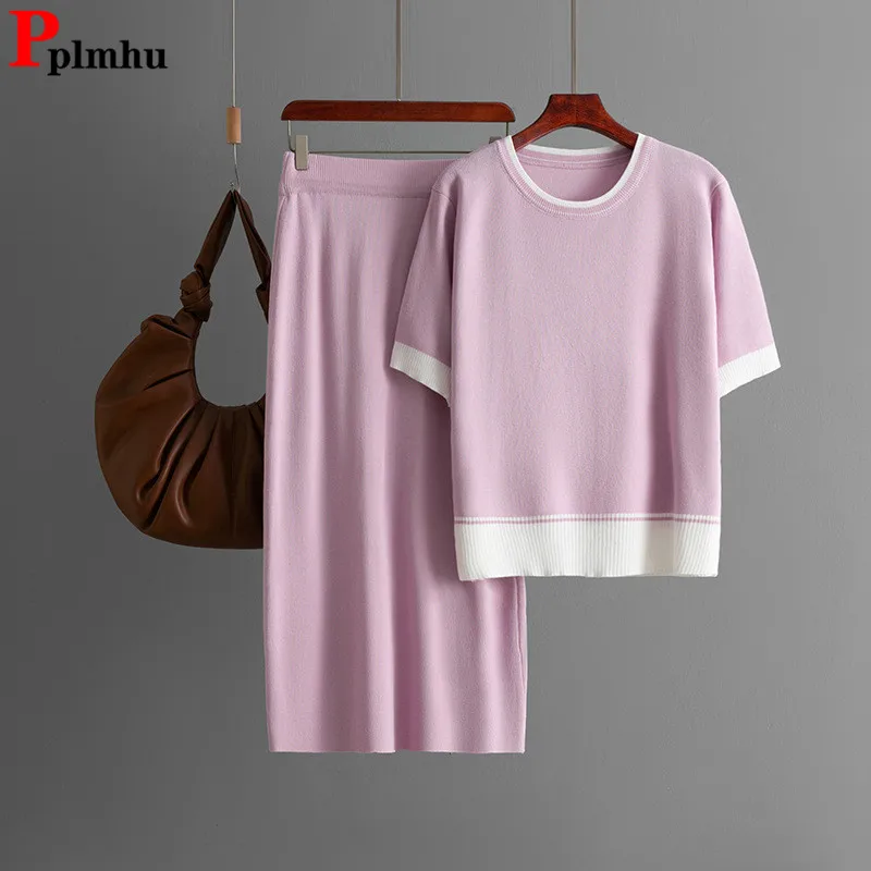 

Summer Chic Knitted 2 Piece Sets Women O-neck Knit Short Sleeve Tops Conjuntos Korean Casual Elastic High Waist Skirts Outfit
