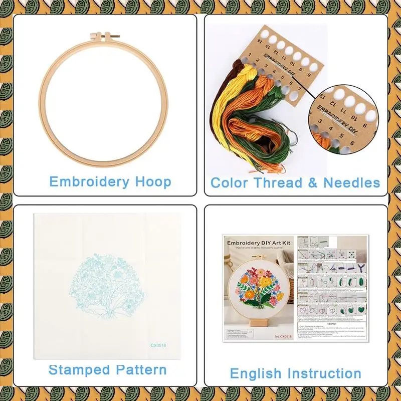 

4 Sets DIY Embroidery Kit For Beginners Adults , Hand Embroidery Kit Includes Flower, Hoop, Color Threads, Tools