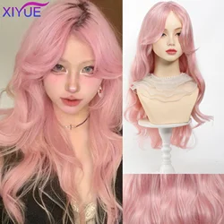 XIYUE Light Pink Synthetic Hair Wigs Long Wavy Natural Hair Wigs with Bangs for Women Cosplay Lolita Wig Heat Resistant