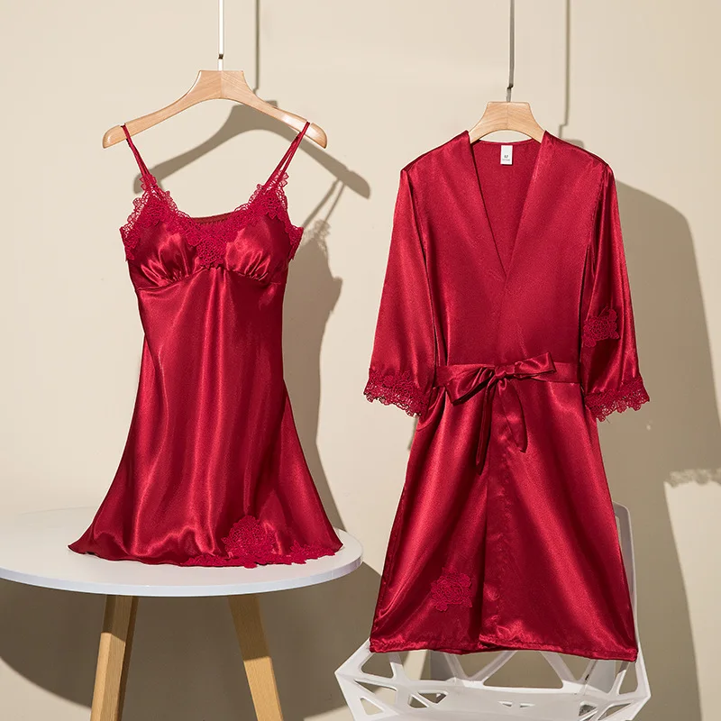 Ladies Spring Summer Ice Silk Pajama Set Sexy Camisole Nightdress with Robe Soft Comfortable Bathrobe Loungewear for Women