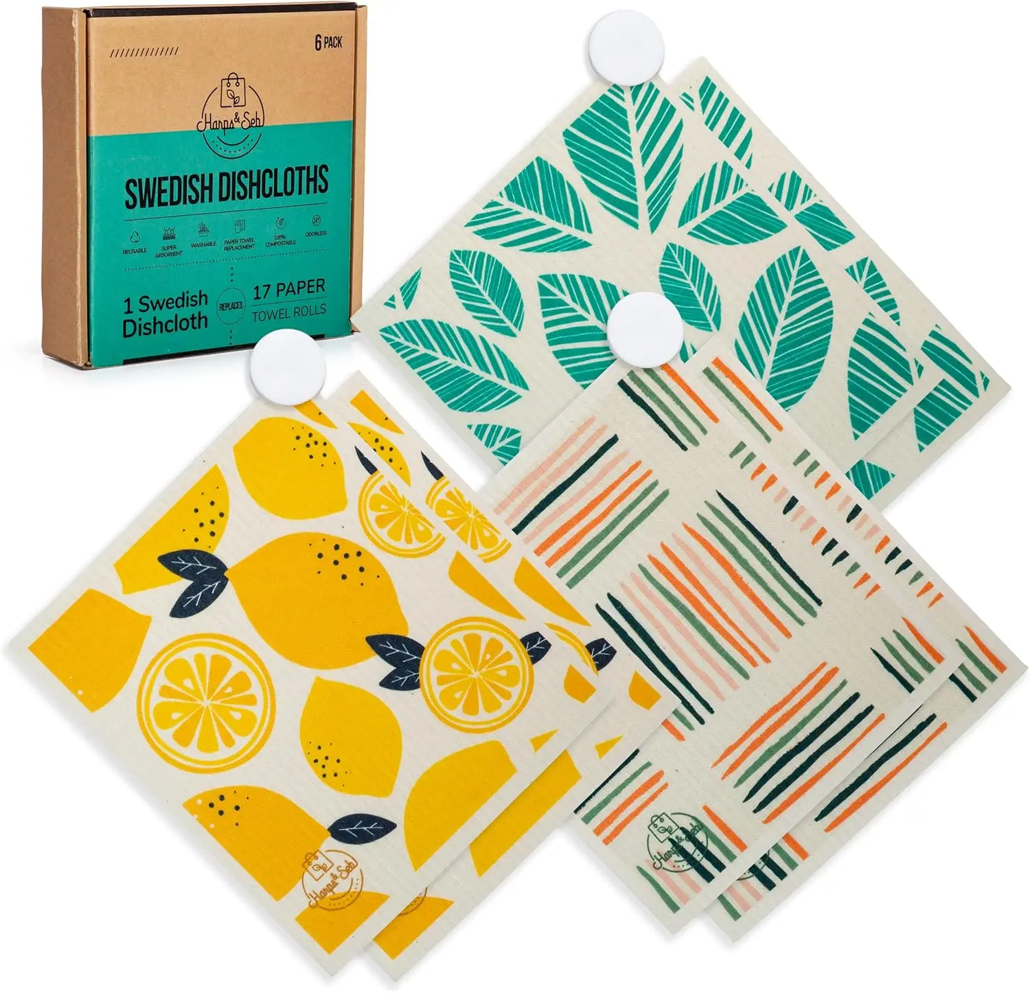 

6-Pack Reusable Swedish Dishcloths, Super Absorbent & Washable, Eco-Friendly Kitchen Towels with Clips, Biodegradable
