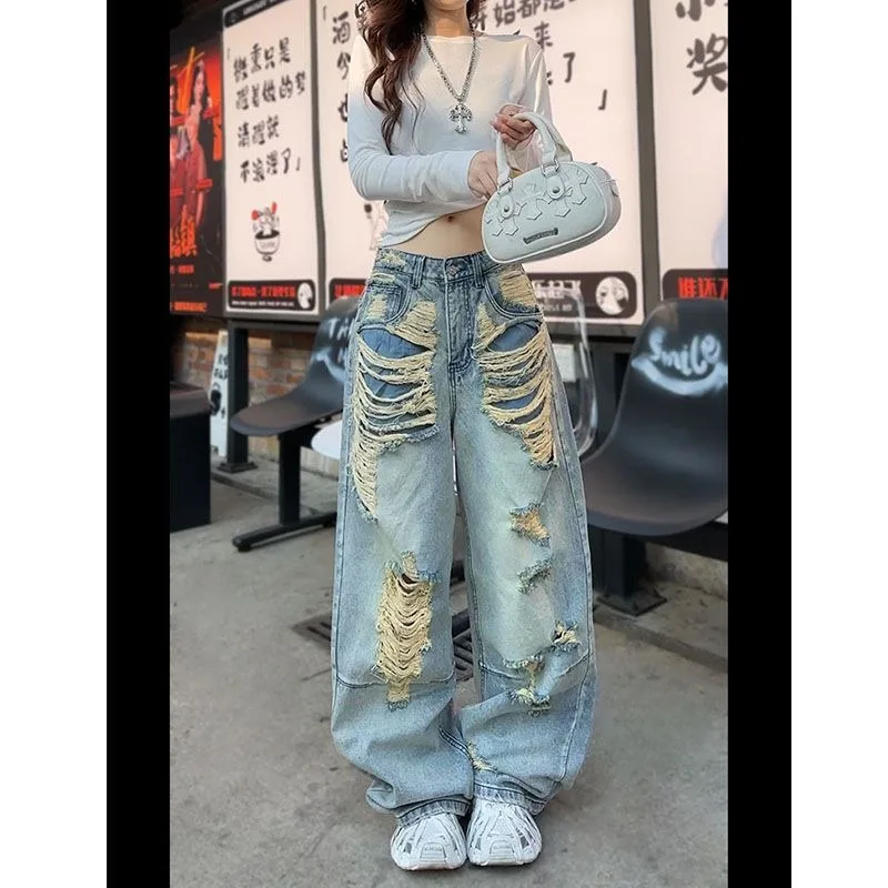 سراويل جينز ممزقة عصرية من Street Hottie Beggar للسيدات من High Street Retro فضفاضة ورقيقة واسعة الساق