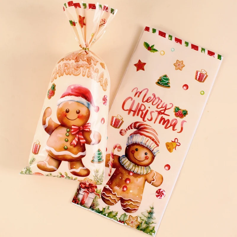 25/50/100Pcs Gingerbread Man Christmas Gift Bags, Plastic Treat Bags with Twist Ties for Merry Christmas Home Decorations