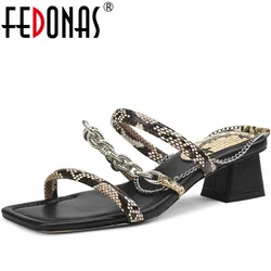 FEDONAS 2024 Thick Heels Slippers Mixed Colors Women Sandals Summer Fashion Chains Casual Party Prom Shoes Woman New Arrival