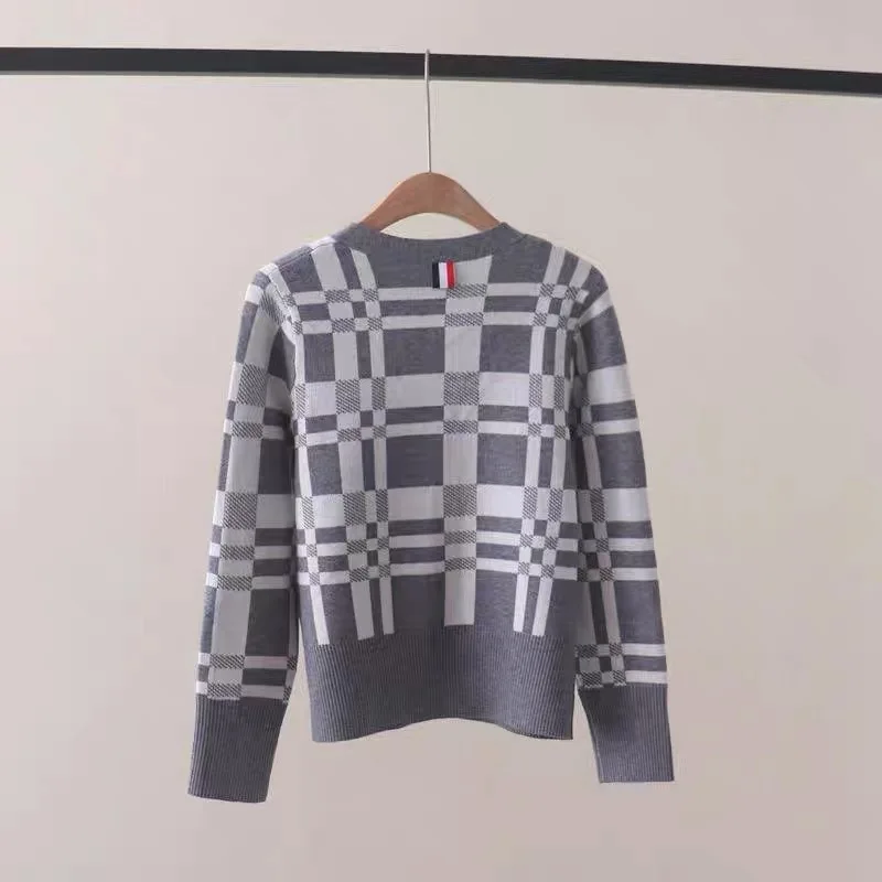 Autumn New Vintage Plaid Knitted Cardigan Women Clothing Casual Loose Fashion Sweaters V-neck Cartoon Embroidery Knitwear Tops