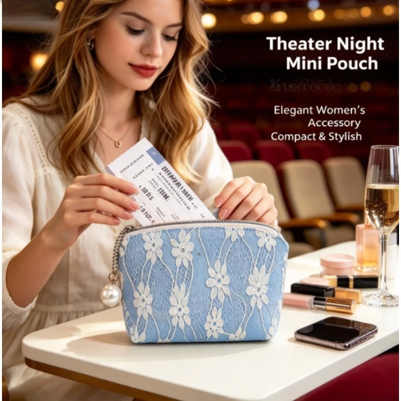 Women Lace Small Wallet with Pearl Charm, Portable Zipper Coin Purse, Mini Lipstick Makeup Pouch, Cute Card Holder for Girls