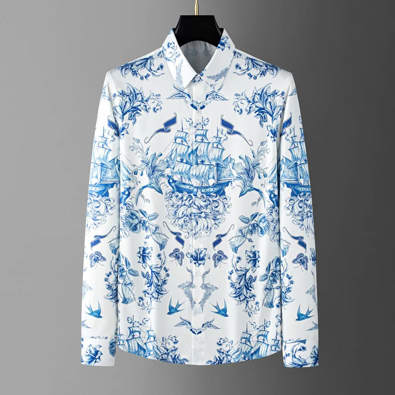 

Luxury Printed Long Sleeved Shirt for Men Non Ironing Casual Business Social Shirt Male Slim Fit Social Party Tuxedo Blouse 2025