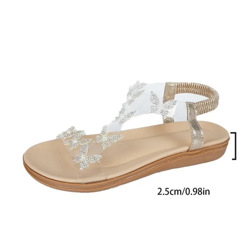 Comfortable Flat Sandals Women Big Size Summer Shoes Woman Bohemia Flowers Rhinestone Beach Ladies Shoes Thongs Plus Size 41 42