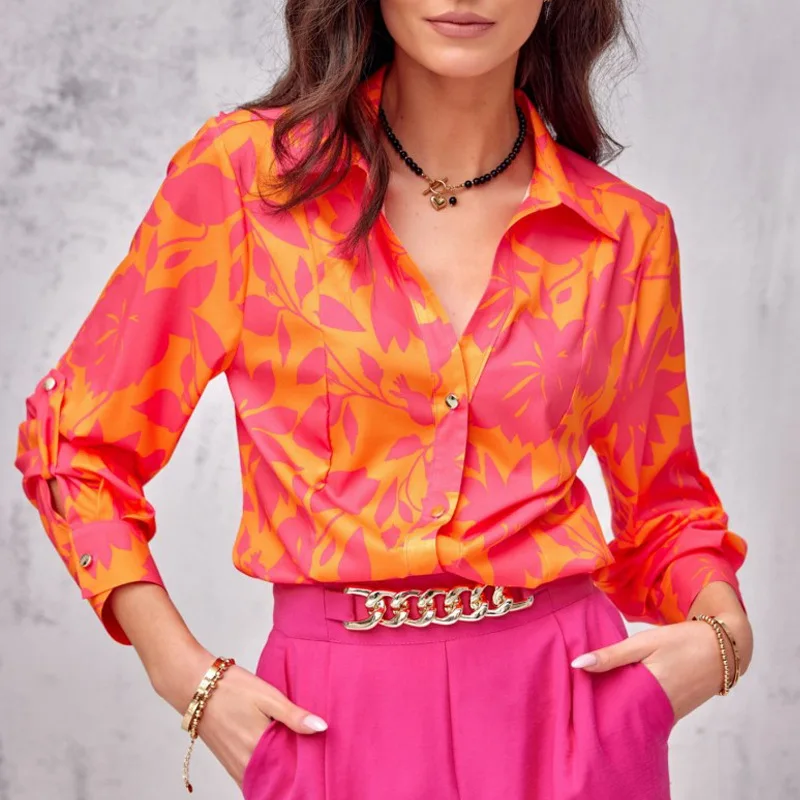 

In Stock European and American Shirt Women's New New Loose Spring and Autumn Elegant Printed Cardigan Sleeve Women