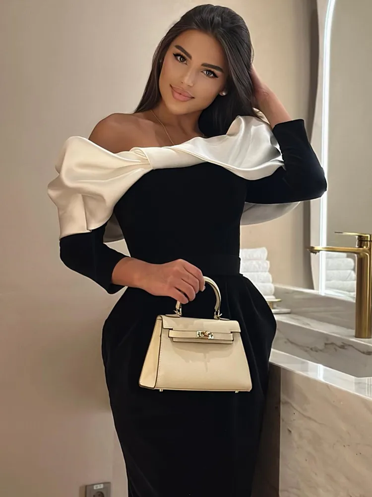 Women Celebrity Sexy Long Sleeve Off Shoulder Black White Midi Bodycon Bandage Dress 2024 Elegant Evening Club Party Dress