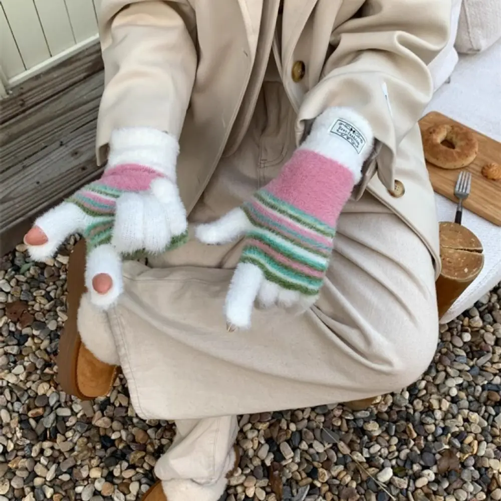 Korean Style Colorful Striped Gloves Harajuku Soft Full Fingers Mittens Rainbow Color Comfortable Striped Knitted Gloves Girls