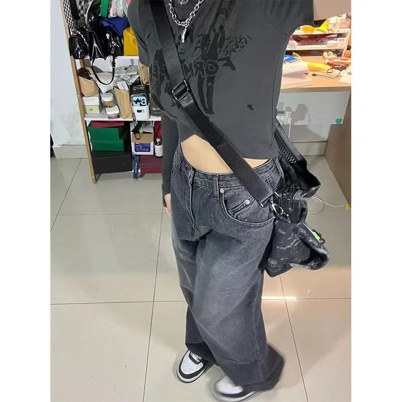 Women Vintage Streetwear Black Baggy Korean Jeans High Waiste Oversize Wide Leg Pants Grunge Denim Trousers Y2K Alt Clothes