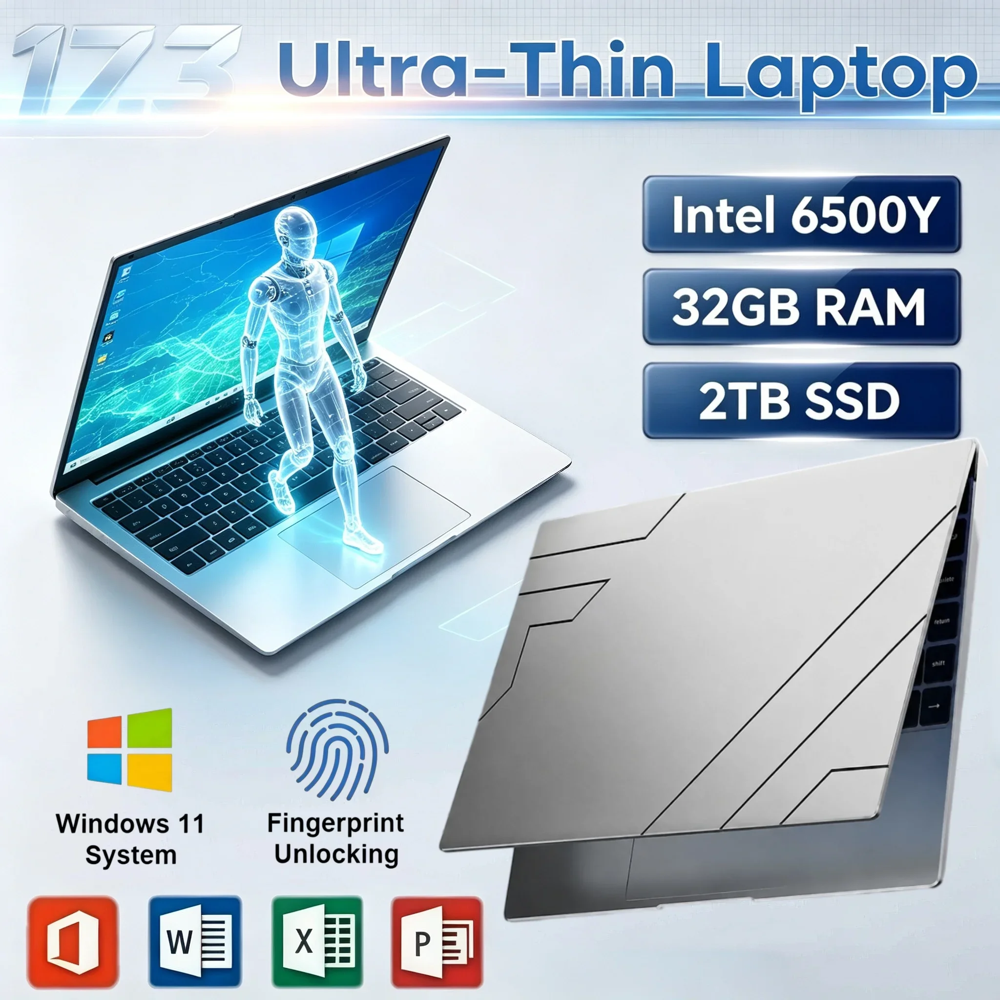 17.3 Inch Student Notebook Intel 6500Y 32GB RAM 2TB SSD Windows11 HD Lightweight Laptop For Office Use