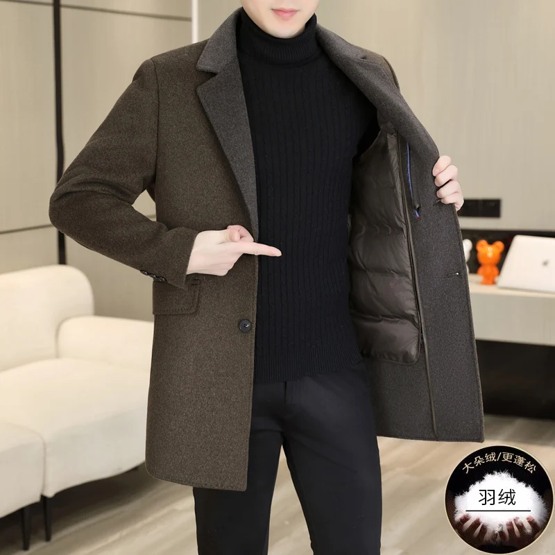 

High-end men's double-sided tweed suit with collar and inner liner removed, 70% wool and 85% goose down woolen coat