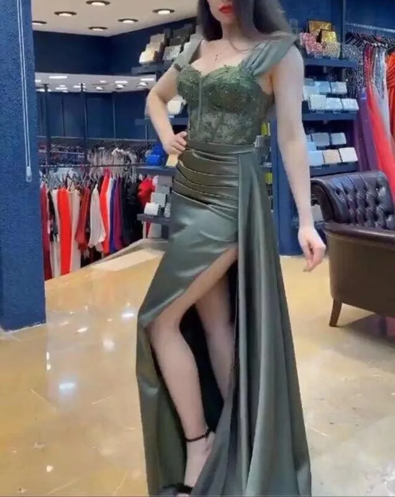 Vestido de seda con hombros descubiertos para fiesta de graduación, traje de noche Formal largo con Apliques de encaje y abertura alta, cuello de barco Popular, 2024