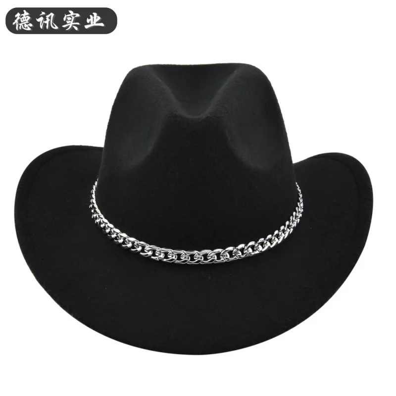 Cross-Border Fedora Silver Chain Woolen Fur Felt Retro Imitation Sheep Cowboy Hat