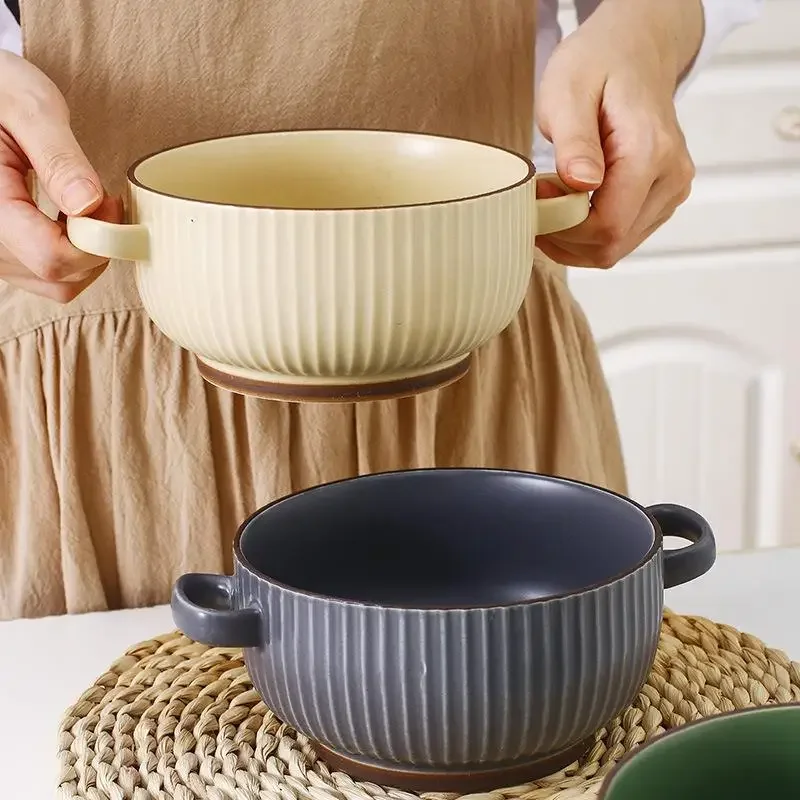 Nordic Matte Ceramic Bowl Double Ear Instant Noodles Soup Bowl Simple Home Use Creative Retro Salad Bowl Single Dining Utensils