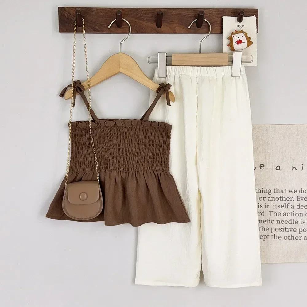 Girls Suit Korean Version Summer Khaki Pleated Camisole Top and Beige Long Pants Two-piece Set 3 To 7 Years Old Kids Daily Wear view 2